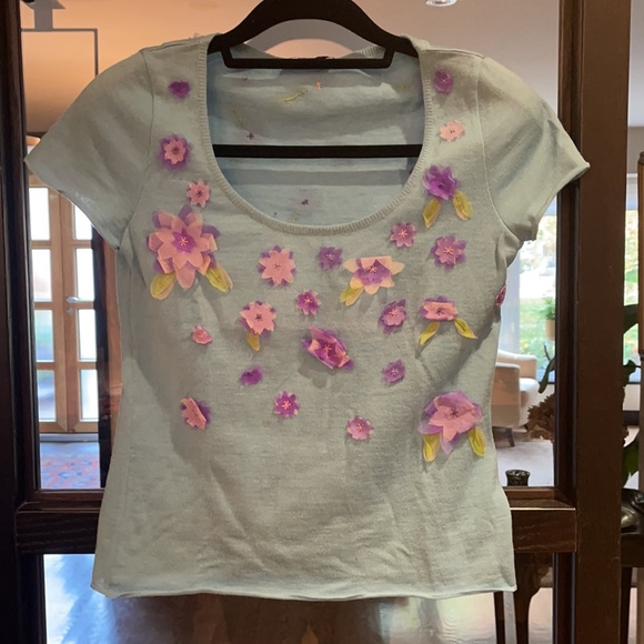 Moschino aqua cap sleeve knit top with pink and purple floral appliqués - Picture 4 of 5